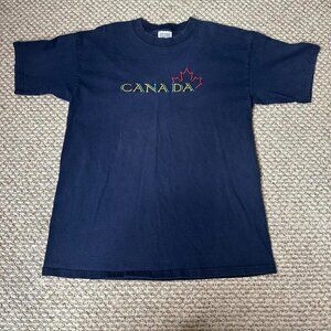 Vintage Gildan embroidered Canada maple leaf cotton t-shirt in navy blue. Large